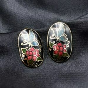 Oval Vintage Butterfly & Flower Cloisonne Earrings